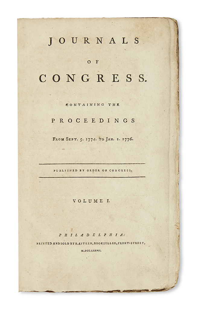 (AMERICAN REVOLUTION--1775.) Journals of Congress, Containing the Proceedings from Sept. 5, 1774 to Jan. 1, 1776.